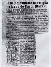 Diario «Patria», domingo 16 de junio de1946. Se informa de los primeros hallazgos en Basti gracias a la labor de D. Ángel Casas.